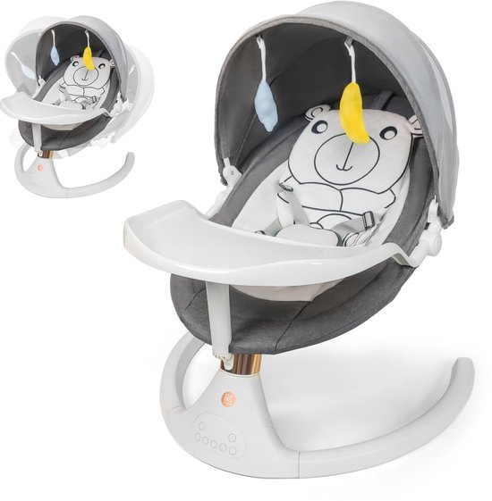 Elovia Elektrische Wipstoel - Muziek en Swing Opties - 5 Punts Gordel - Grijs- Babyschommel- Schommelstoel - Beren kussen- Baby Swing Incl Eetbord van Merkloos