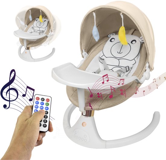 Elovia Elektrische Wipstoel - Muziek en Swing Opties - 5 Punts Gordel - Khaki- Babyschommel- Schommelstoel - Beren kussen- Baby Swing Incl Eetbord van Elovia