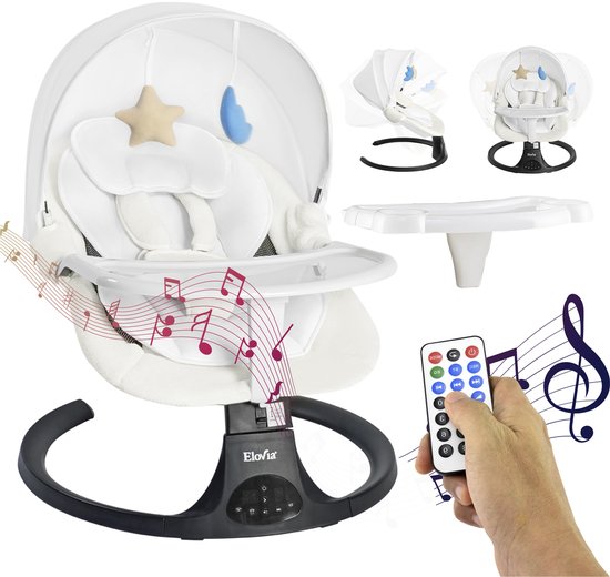 Elovia Elektrische Wipstoel - Muziek en Swing Opties - 5 Punts Gordel - Wit- Babyschommel- Schommelstoel - Beren kussen- Baby Swing Incl Eetbord van Elovia