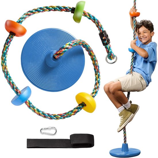 Enkelvoudige klimkoord- en schommelcombinatie voor buiten – inclusief klimhaak en boomriem – kinderschommel voor in de boom, speeltoestelaccessoires – kleurrijk touw van Merkloos