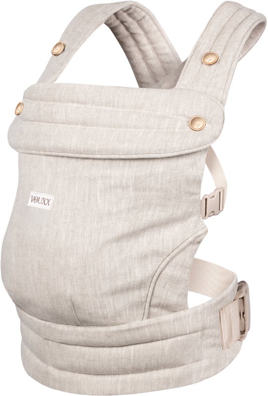 Ergonomische baby draagzak VOUXX 100% linnen beige greige vanaf newborn 3 draag posities