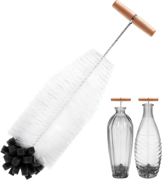 Ergonomische flessenborstel van 32,5 cm met harde en zachte haren voor krasvrije reiniging van glazen flessen, ideaal voor accessoires en moeilijk bereikbare plekken