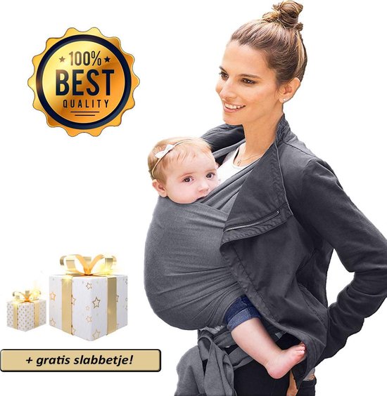 Ergonomische Rekbare Baby Draagdoek Van Katoen Om Te Knopen - Grijs - Babywrap - Draagdoeken - Babydrager - Buikdrager – Rugdrager – Heupdrager - Baby sling – Baby Carrier – Draagzak - Baby Wrap Sling - Draagdoek – Incl Handleiding - Gratis slabbetje van Little Crevette