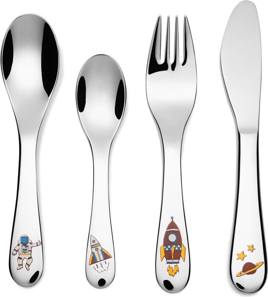 Ernesto Kinder Bestek - Astronaut - Aanbevolen leeftijd: vanaf 3 jaar - Kenmerk: vaatwasmachinebestendig - Bestaat uit mes, vork, lepel, theelepel - Kindvriendelijke maat en vorm - ideaal voor kleine handen van Ernesto