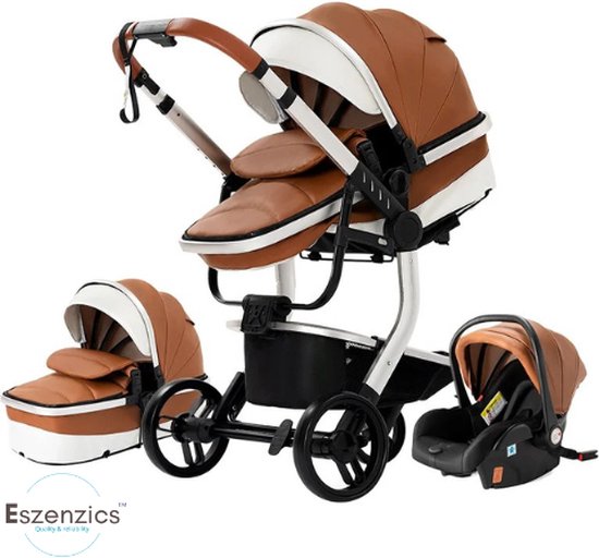 Eszenzics™ Luxe Kinderwagen 3-in-1 - incl. Autostoel - Multifunctionele 3-in-1 Buggy - 0-3 jaar - Khaki - PU-leder bekleding - All-terrain van Eszenzics™
