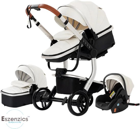 Eszenzics™ Luxe Kinderwagen 3-in-1 - incl. Autostoel - Multifunctionele 3-in-1 Buggy - 0-3 jaar - Wit - PU-leder bekleding - All-terrain van Eszenzics™