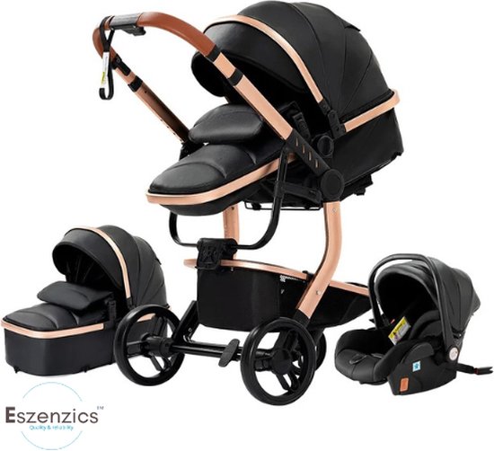 Eszenzics™ Luxe Kinderwagen 3-in-1 - incl. Autostoel - Multifunctionele 3-in-1 Buggy - 0-3 jaar - Zwart/Goud - PU-leder bekleding - All-terrain van Eszenzics™