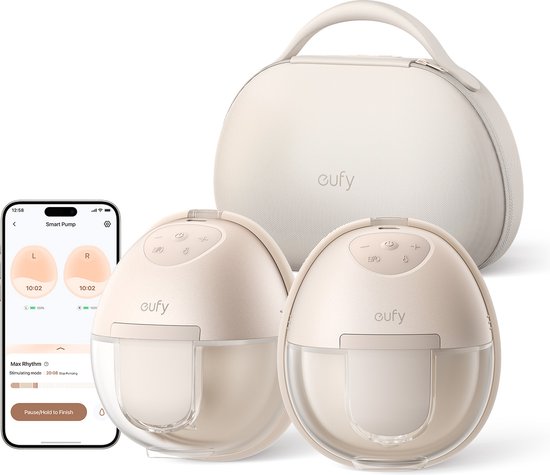 eufy Baby S1 Pro Draagbare Borstkolf - Borstkolven - Verwarmingstechnologie voor meer comfort - Draagbare Oplaadhouder - App-bediening - Gepersonaliseerd Slim Ritme