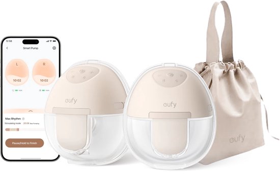 Eufy Draagbare Borstkolf Breast Pump E10, Handsfree Elektrische Borstkolf met App-bediening, Gepersonaliseerd Slim Ritme, Ziekenhuiskwaliteit Zuigkracht voor Meer Melk, Draagbaar, 17mm - 24mm Borstschilden, Lekvrij & Ultra-Stil van Eufy