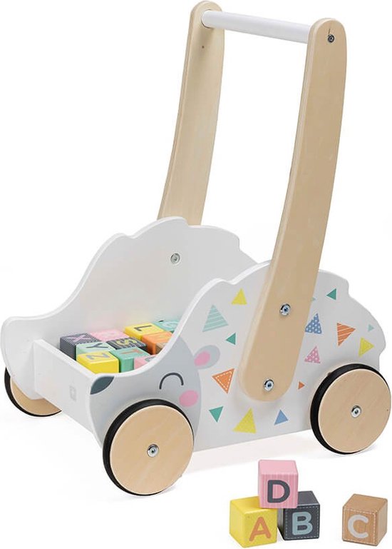 Eurekakid Babywalker - Houten Loopwagen Egel - Inclusief 30 Blokken - Blokkenkar met Gripwielen van Eureka