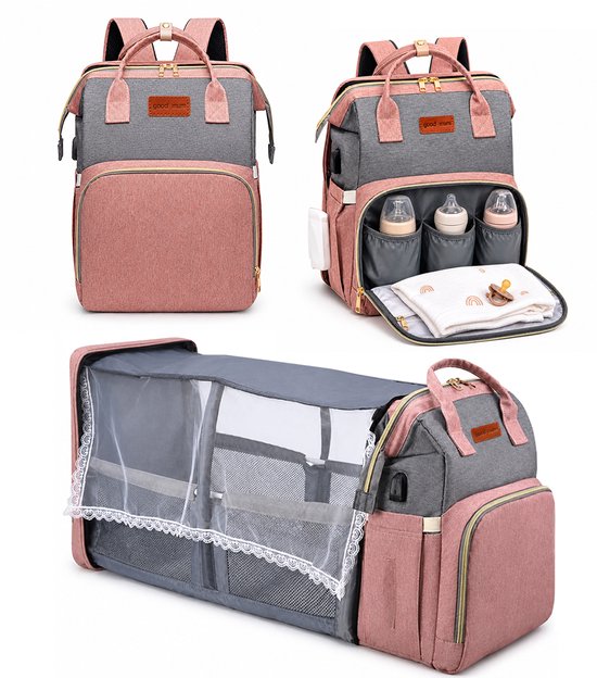 Eurocatch Luiertas rugzak met Babybed - Waterafstotend - Flessenhouder en Kinderwagenhaken - Isoleervak - BPA-vrij - Roze Grijs