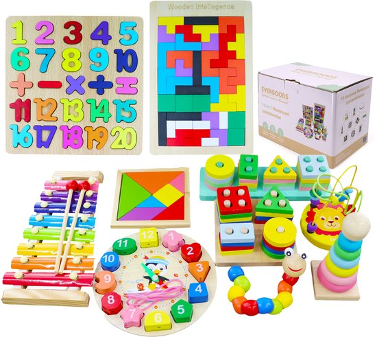 EverGoods 10- in 1 Montessori Speelgoed Set - Educatief Speelgoed - Sensorisch Speelgoed - Houten blokken
