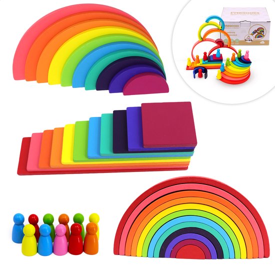 EverGoods Regenboog Speelgoed - Montessori Speelgoed- Educatief Speelgoed - Sensorisch Speelgoed - Houten Blokken van Merkloos