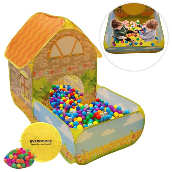 EverGoods Speelhuis Inclusief 100 ballen – Speeltent – Binnen/Buiten – Pop Up Tent – Kruiptunnel - Sensorisch Speelgoed - Kindertent - Incl. Draagzak van EverGoods