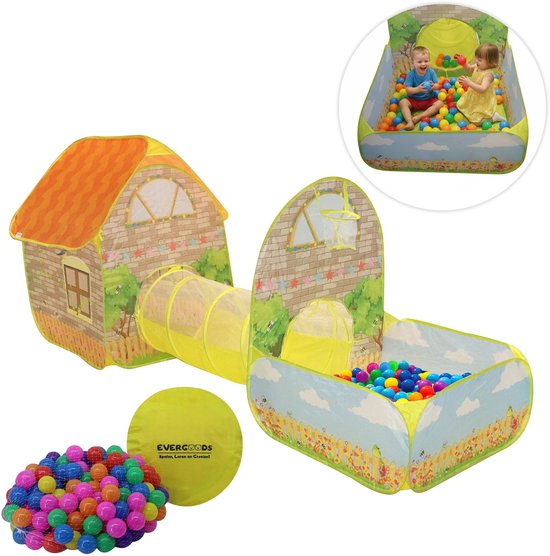 EverGoods Speeltent XL Kinderen – Speelhuis met 200 Ballen & Kruiptunnel – Pop-up – Binnen & Buiten – Opvouwbaar – Ballenbad – Incl. Draagtas & Ballenzak