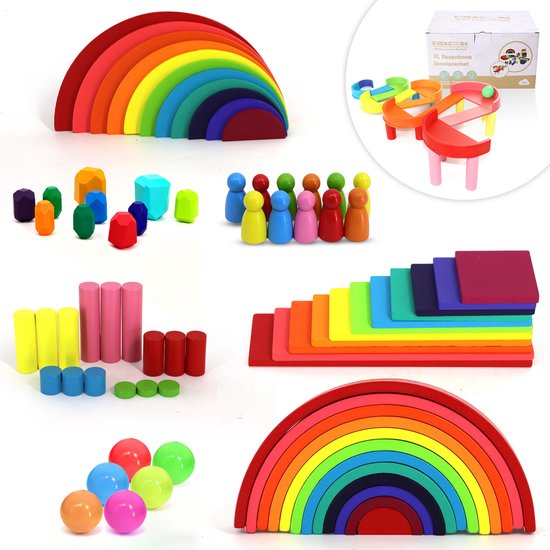 EverGoods XL Regenboog Speelgoed - Montessori Speelgoed- Educatief Speelgoed - Sensorisch Speelgoed - Houten Blokken - Stapelstenen - Incl. Opbergzakje van Merkloos