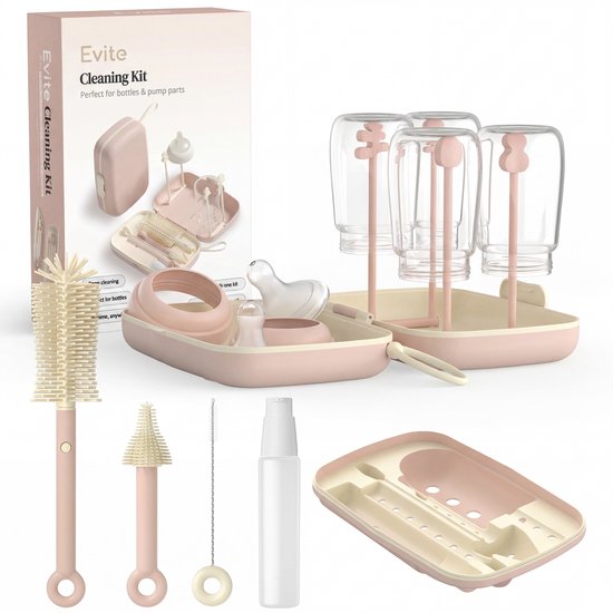 Evite 7-in-1 Babyfles Reinigingsset – Flessenborstel, Speen- & Rietjesborstel, Zeepdispenser & Droogrek – voor Thuis & Reizen