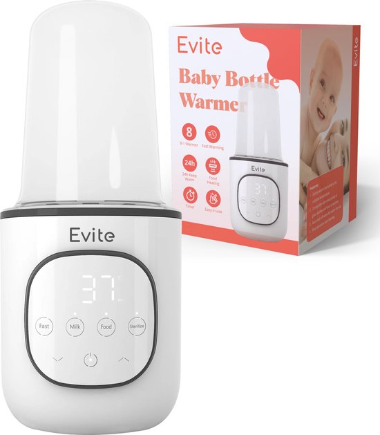 Evite 8-in-1 Flessenwarmer Wit – Warmhouden en Ontdooien - Flessenwarmers – Melk en Eten – Thermostaat en BPA-Vrij - Met E-Book