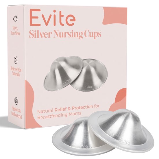 Evite Silver Nursing Cups - 999 Zilver - Inclusief Ringen & Opberghoesje - Zilveren Tepelkapjes - Tepelbeschermers - Medium Size van Evite