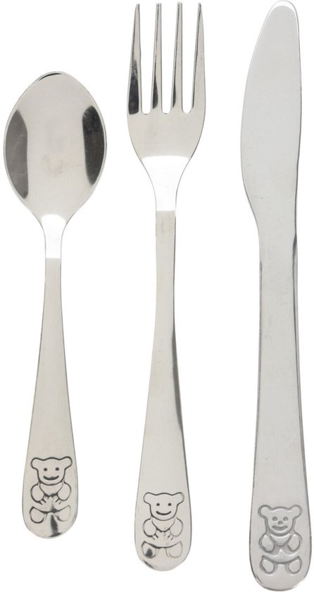 Excellent Houseware Kinder Bestekset Beer - blauw doosje - kraamcadeau - 3-delig - zilver - RVS - bestek voor kinderen van Merkloos