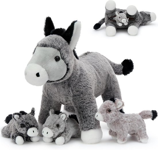 Ezel Knuffel - Pluche Dier - Kinderkamer Decoratie - Met Baby Ezel - XXL Formaat - Grijs Zwart van Merkloos