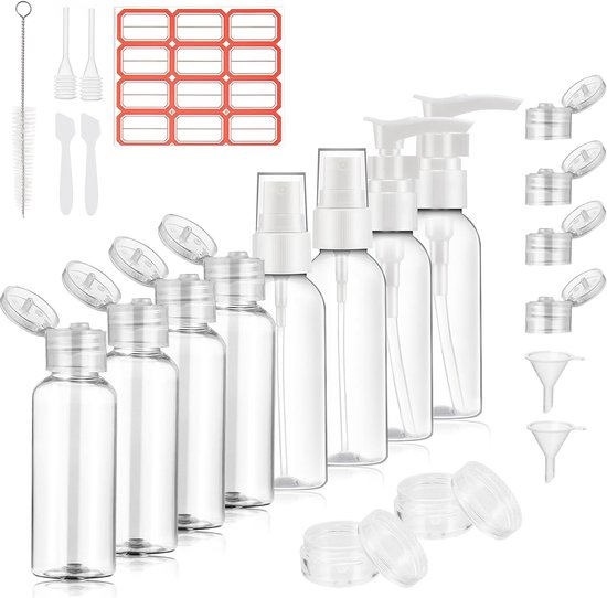 Famanu – 21-delige reisflessenset - navulbare flessen van 100 ml met trechter - ideaal voor cosmetica - vliegreizen en zakenreizen
