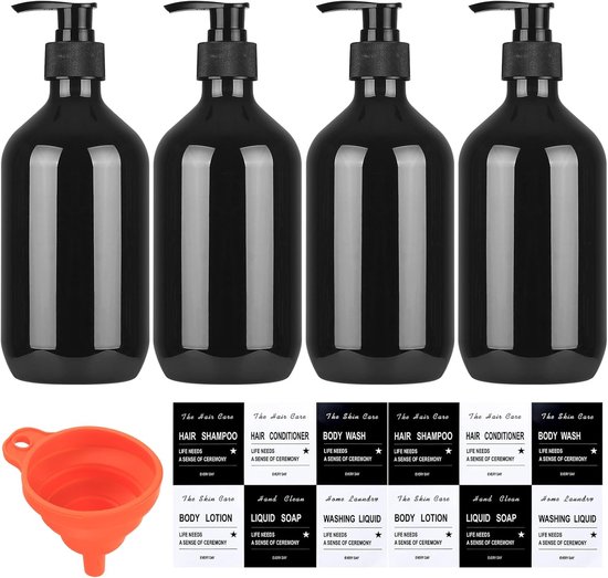 Famanu – Navulbare shampoo- en zeepflessen 500 ml met pomp – Set van 4 – Inclusief trechter en etiketten van Merkloos