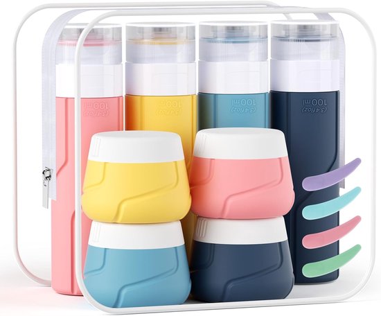 Famanu - Set van 14 Reisflesjes Silicone - Lekvrije Reisfles 100ml & Crèmepotjes 30ml met Accessoires - Navulbare Lege Reisflesjes voor Shampoo - Lotion - Crème van Famanu