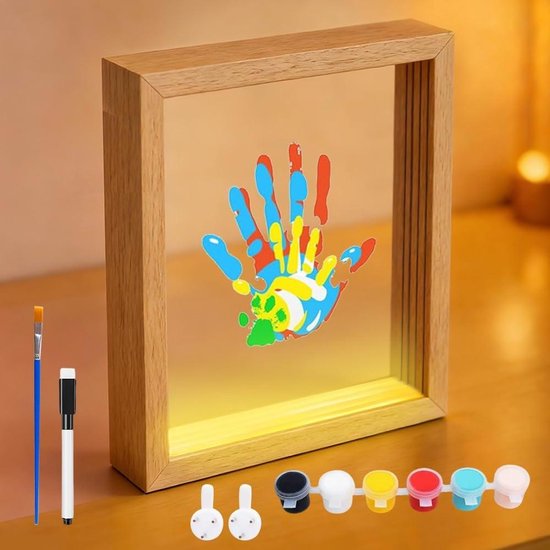 Familie Handafdruk Set - Voetafdruk Baby Set - Herinneringen Maken - Inclusief Led Nachtlampje - Houten Frame - Wit van Merkloos