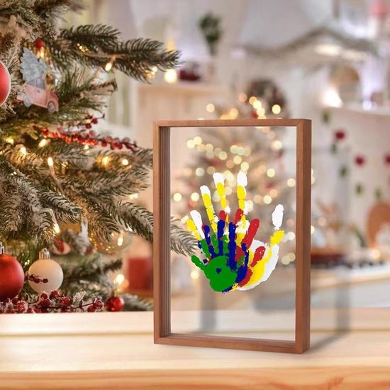 Familiehandafdruklijst en babyvoetafdruklijst met ruimte voor 4 voetafdrukken, babyvoetafdrukset om de handen van het hele gezin te beschilderen, kraamcadeau, Natuurlijke houtkleur
