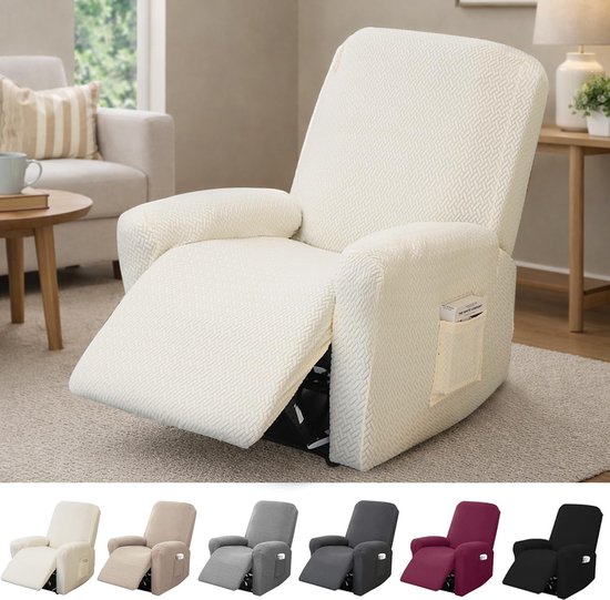 Fauteuilhoes, Elastische Stoelhoezen Met Zakken, Complete Gestreepte Jacquard Beschermhoes Voor Tv Fauteuil En Relax Fauteuil (Beige, 4-Delig)