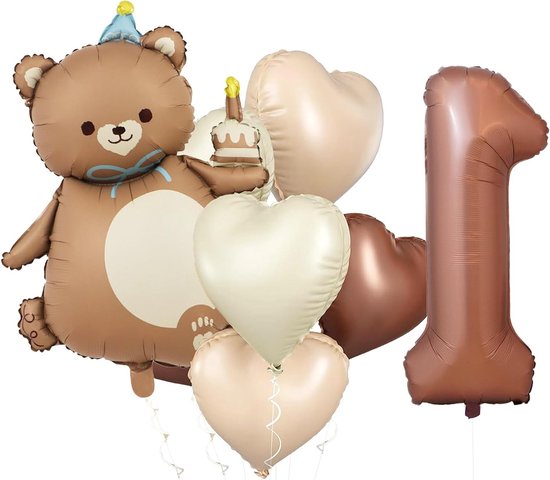 Feestelijke Verjaardagsdecoratie voor 1 Jaar, Ballonnen voor Jongens en Meisjes, Schattige Beren Ballonnen en Hartvormige Folieballonnen voor Eerste Verjaardag van Merkloos