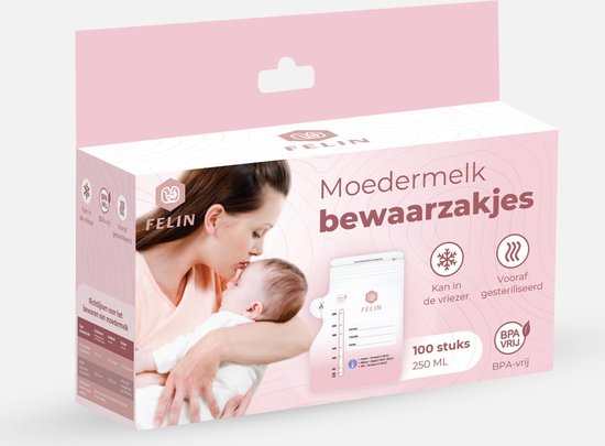 Felin Moedermelk bewaarzakjes - 100 stuks - Borstvoeding bewaren - Beschrijfbaar etiket - Schenktuit - Dubbele sluiting van Felin