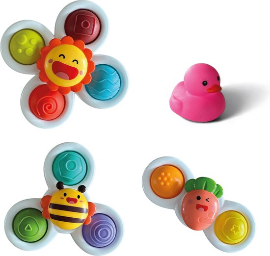 Femur - Spinner - Fidget - Badspeelgoed - Baby Spinner - Baby - Speelgoed - 4 stuks - Badeend - Zuignap - Vrolijk - Happy - Sensorisch speelgoed van Femur
