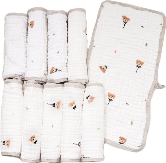 FENSILO Hydrofiele Luiers 10 stuks, 4 lagen, 25 x 50cm, - Hydrofiele Doeken - 100% Katoenen mousseline - Spuugdoeken voor baby's, mousseline doeken, stoffen luiers, washandjes, vouwluiers, premium kwaliteit, witte beer van Fensilo