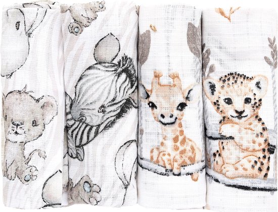FENSILO Hydrofiele Luiers - 4 Pack - 100% Katoen - 70x80 cm - Hydrofiele doeken - Grijs, Wit, Beige met Dierenmotief, leeuw, olifant, giraffe, zebra en cheetah van Merkloos