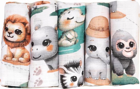 FENSILO Hydrofiele Luiers – 5-Pack – 100% Katoen – 70x80 cm – Hydrofiele doeken - Groen met Dierenmotief van Fensilo