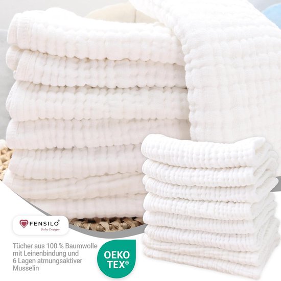 FENSILO - Hydrofiele Luiers - Hydrofiele Doeken - 100% Katoenen mousseline - 35 x 50 cm - 8 pack - Wit -Musseline doeken voor baby's, spuugdoeken voor baby's, 6 lagen, absorberende luiers, stoffen luiers van FEN