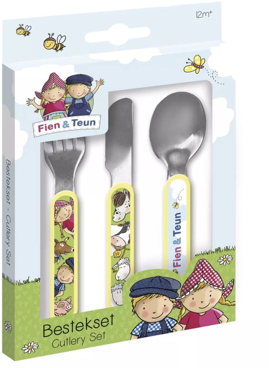 Fien & Teun kinderbestek 3-delig – kinderbestek met boerderij dieren – bestekset voor kinderen – kindervork, kindermes en kinderlepel