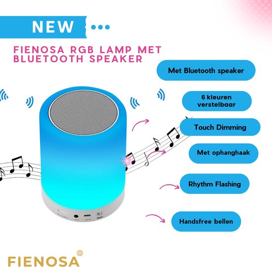 Fienosa RGB sfeerlamp met Bluetooth speaker - Multi Colour LED - Kerstcadeau - Draadloos - Kampeerlamp - Camping Lamp - Bedlamp - Touch Bediening - USB Oplaadbaar - Dimbaar - Terraslamp - Tuinlamp - Energiezuinig van Fienosa