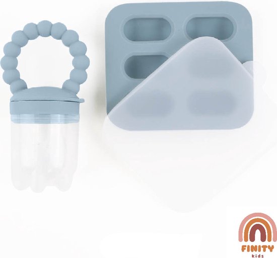 Finity Kids - Fruitspeen - Bijtring - Fruit feeder - Fruitzuiger - Kinder bestek - Babyspeen voor groenten en fruit - BPA/PVC Vrij - Inclusief Vriesbestendig Bewaarbakje - Verlichting voor Doorkomende Tandjes - Vaatwasmachinebestendig - Blauw van Finity Kids