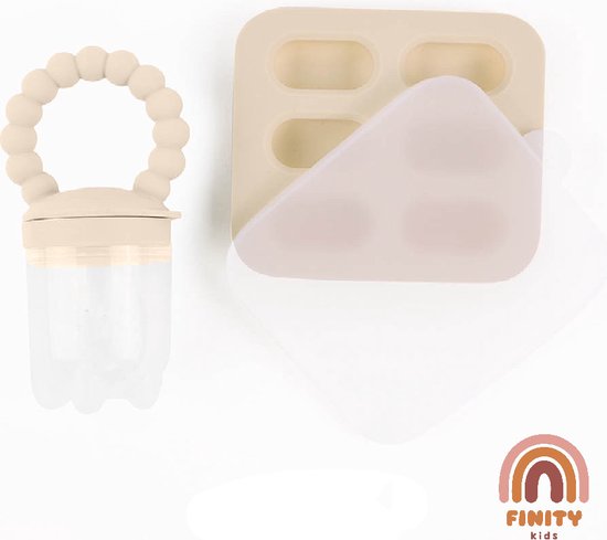 Finity Kids Fruitspeen en Bijtring - Fruit feeder - Fruitzuiger - Kinder bestek - Babyspeen voor groenten en fruit - BPA/PVC Vrij - Inclusief Vriesbestendig Bewaarbakje - Verlichting voor Doorkomende Tandjes - Vaatwasmachinebestendig - Gebroken wit van Finity Kids
