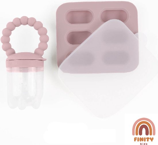 Finity Kids Fruitspeen en Bijtring - Fruit feeder - Fruitzuiger - Kinder bestek - Babyspeen voor groenten en fruit - BPA/PVC Vrij - Inclusief Vriesbestendig Bewaarbakje - Verlichting voor Doorkomende Tandjes - Vaatwasmachinebestendig - Roze van Finity Kids