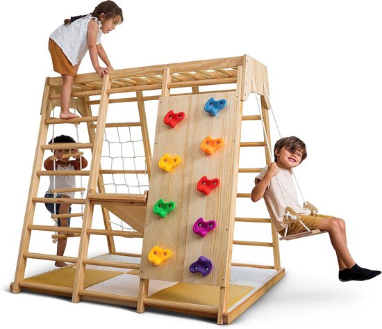 FINOOS 7-in-1 Multifunctioneel houten klimrek - Opvouwbare Driehoek + Klimboog + Helling met Klimrek/Glijbaan - Pikler - Montessori Meubels Houten Speelgym van FINOOS