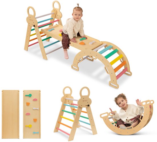 FINOOS Klimrek - Klimdriehoek - Klimboog - Glijbaan - Montessori - Houten Speelgoed - Regenboog van Merkloos