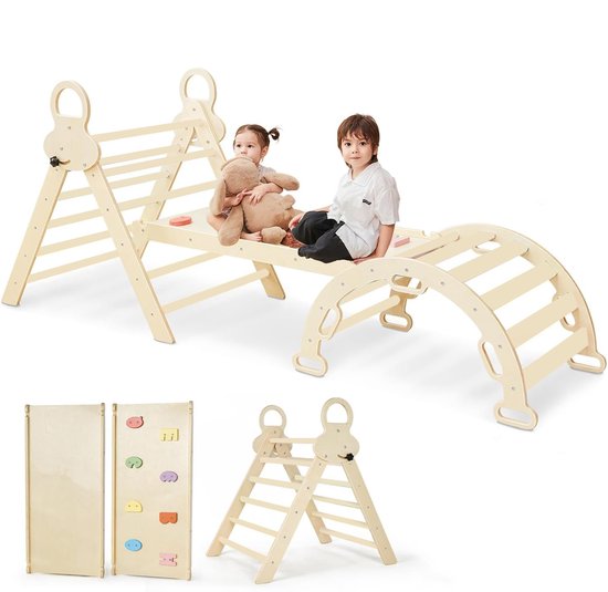 FINOOS Opvouwbare Driehoek + Klimboog + Helling met Klimrek/Glijbaan - Pikler - Montessori Meubels Houten Speelgym (Naturel) van FINOOS