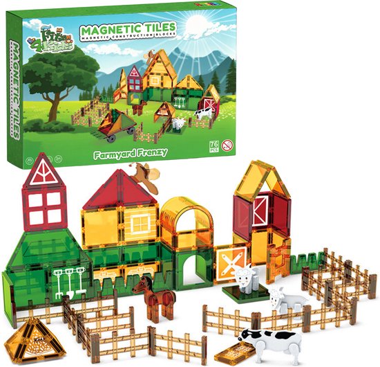 Fits4Kids Magnetic tiles - Magnetische Bouwtegels - STEM Speelgoed voor Creatief Bouwen - Magnetische bouwstenen - Farmyard Frenzy van Fits4Kids