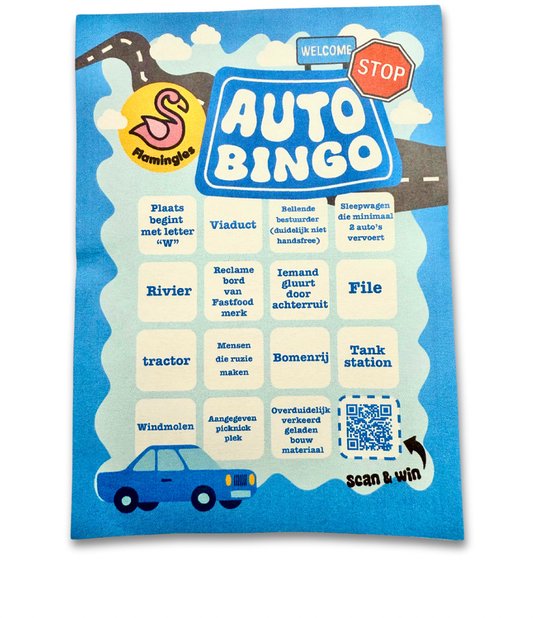 Flamingles Auto Bingo – Reisspel voor Onderweg – Spelletje voor in de Auto – Bingo voor Kinderen & Volwassenen – Vakantie Must-Have – Autospel Cadeau van Merkloos
