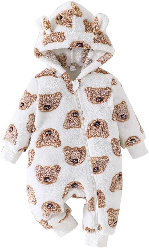 Fleece baby snowsuit met berenprint - warme winterbody met capuchon voor meisjes en jongens, 0-18 maanden van Merkloos