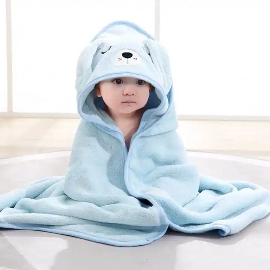 Fleece Badcape met Capuchon - 80x80 cm - Blauw - Dier - Baby - Kraamcadeau - Babycape van Knuffelz.